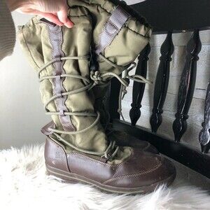 Lands End women 9.5 green quilted tall hiking outdoor fleece lined boots